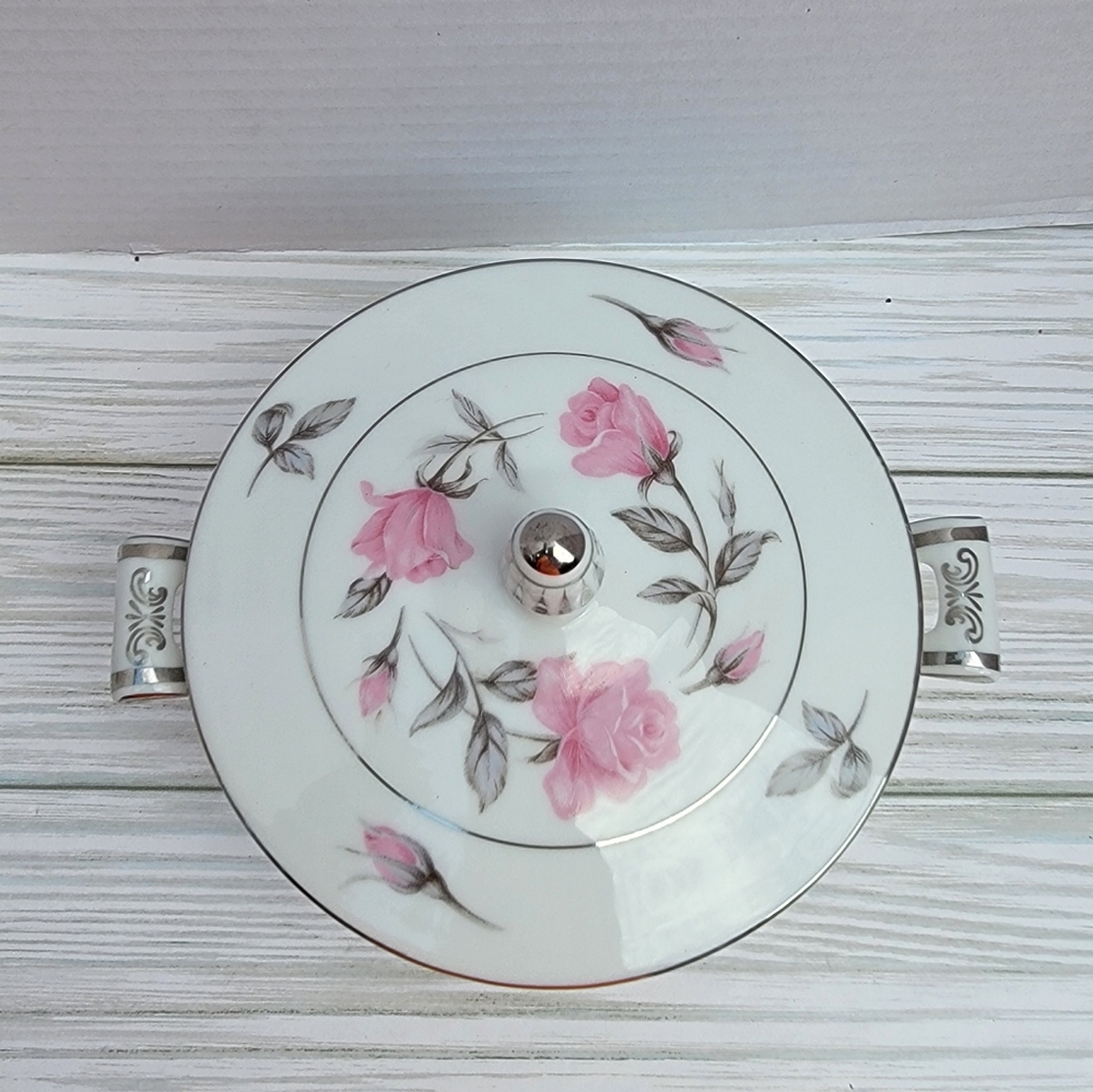 Sango Rosetta 3104 Creamer & Sugar Bowl w/Lid w/Platinum Trim Japan Pink Roses - Picture 6 of 14